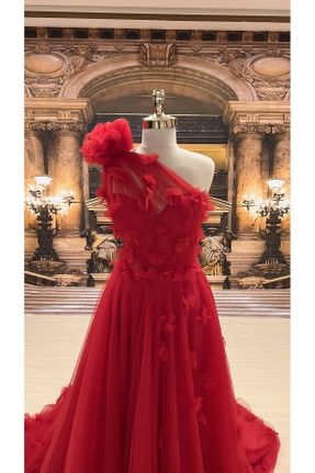 لباس عروس قرمز زنانه تور یقه قلب آستر دار کد 750250741