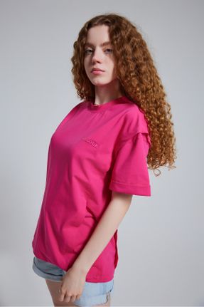 تی شرت صورتی زنانه رگولار یقه گرد طراحی کد 746084612
