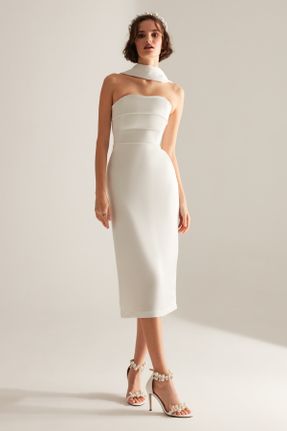 لباس مجلسی سفید زنانه بافت آستین استاندارد رگولار استراپلز آستر دار کد 467796052