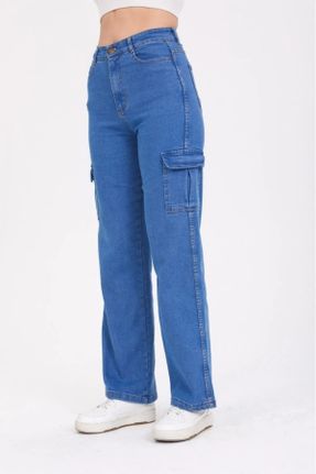 شلوار جین آبی زنانه پاچه گشاد فاق بلند لیکرا کارگو کد 750572168