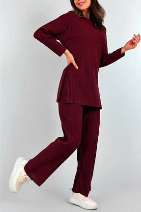 ست بالاتنه و پائین تنه زرشکی زنانه بافت MB-MODA BİZİMLE - کد 751913478