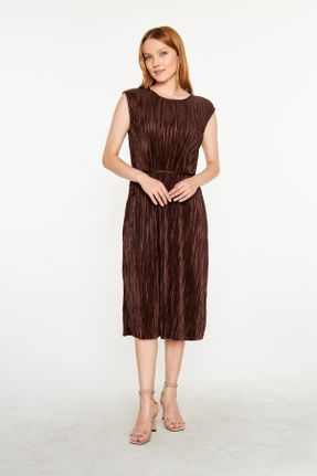 لباس قهوه ای زنانه بافت پلی استر A-line بند دار اداری کد 752001376