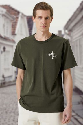 تی شرت خاکی مردانه ریلکس یقه گرد پنبه (نخی) تکی کد 699075227