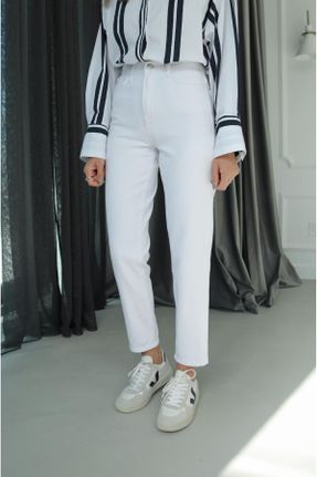 شلوار جین سفید زنانه پاچه لوله ای فاق بلند جوان بلند کد 752856540