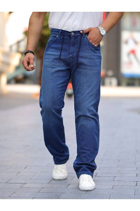 شلوار آبی مردانه جین پاچه راحت کمر بند دار باگی فیت کد 752969571