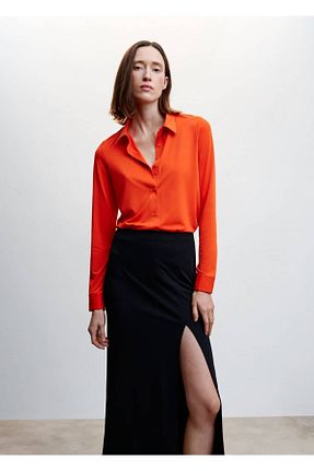 پیراهن نارنجی زنانه یقه پیراهنی MANGO - کد 524997268
