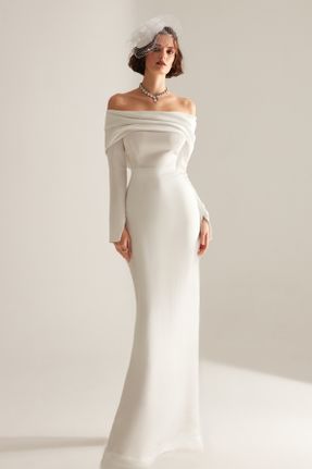 لباس مجلسی سفید زنانه آستین استاندارد بافت یقه کارمن رگولار آستر دار کد 651409504