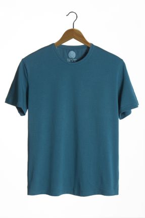 تی شرت آبی زنانه اورسایز یقه گرد پنبه (نخی) تکی بیسیک کد 752391651