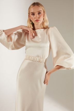 لباس فارغ التحصیلی سفید زنانه ساتن آستین استاندارد رگولار یقه گرد آستر دار کد 100518058