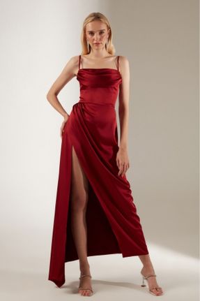 لباس مجلسی قرمز زنانه ساتن آویزی رگولار یقه دگاژه بدون آستر کد 177280123