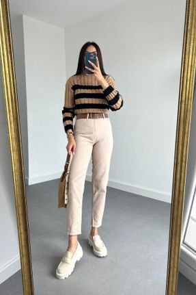 شلوار جین بژ زنانه پاچه لوله ای فاق بلند جوان بلند کد 752061828
