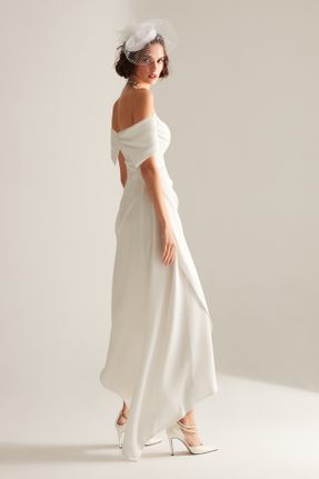 لباس مجلسی سفید زنانه بافت آستین استاندارد رگولار یقه کارمن آستر دار کد 671212176