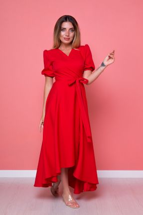 لباس مجلسی قرمز زنانه بافت آستین کوتاه یقه دوبل بدون آستر کد 752423284