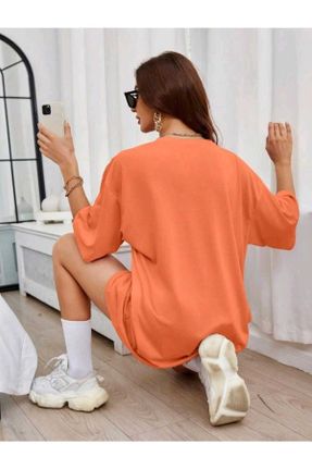 تی شرت نارنجی زنانه اورسایز یقه گرد تکی کد 754039109
