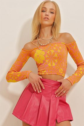 بلوز نارنجی زنانه طرح دار Trend Alaçatı Stili - کد 753699235