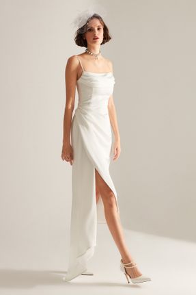 لباس مجلسی سفید زنانه رگولار آویزی یقه دگاژه ساتن بدون آستر کد 465181754