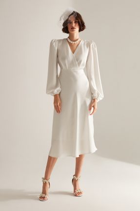 لباس مجلسی سفید زنانه بافت آستین استاندارد رگولار یقه هفت آستر دار کد 467930587