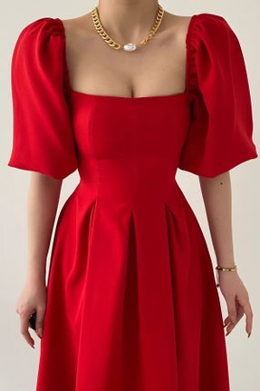 لباس مجلسی قرمز زنانه مخلوط پلی استر آستین استاندارد رگولار یقه مربع بدون آستر کد 753064680