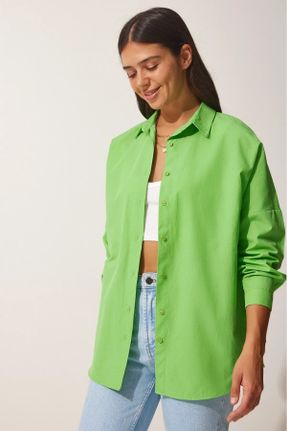 پیراهن سبز زنانه اورسایز آستین-بلند پنبه - پلی استر کد 754584921