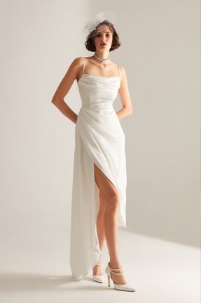 لباس مجلسی سفید زنانه رگولار آویزی یقه دگاژه ساتن بدون آستر کد 465181754