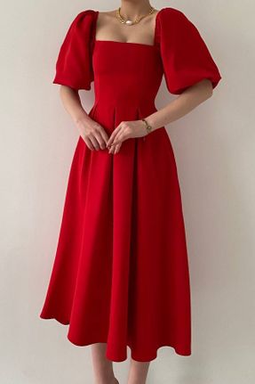 لباس مجلسی قرمز زنانه آستین استاندارد یقه مربع مخلوط پلی استر رگولار بدون آستر کد 753064680