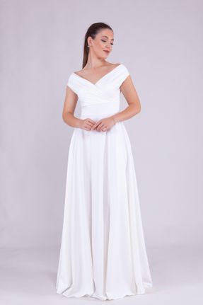 لباس مجلسی سفید زنانه بافت آستین افتاده یقه قایقی بدون آستر کد 754243325