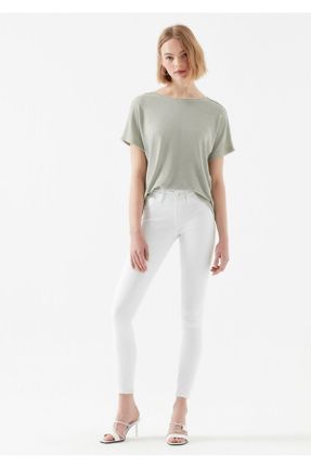 شلوار جین سفید زنانه پاچه ساده فاق بلند پنبه - پلی استر - الاستن کد 101088685