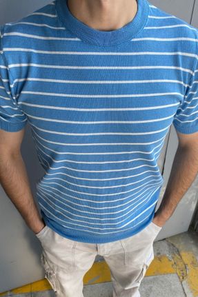 تی شرت آبی مردانه رگولار یقه گرد اکریلیک تکی بیسیک کد 755155373