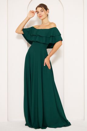 لباس مجلسی سبز زنانه بافت یقه کارمن بدون آستر کد 756209688