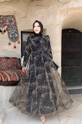 لباس مجلسی حجاب طلائی زنانه یقه دوچرخه Bym Fashion - کد 756800584
