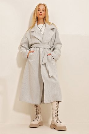 پالتو پشمی طوسی زنانه رگولار Trend Alaçatı Stili - کد 758025253