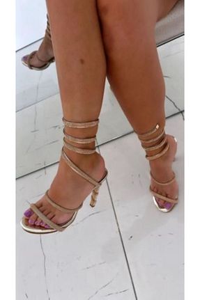 صندل طلائی زنانه پاشنه نازک YAHO SHOES - کد 758384117