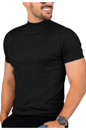 تی شرت مشکی مردانه اسلیم فیت یقه نیم اسکی تکی پوشاک ورزشی کد 757778695