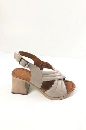 صندل بژ زنانه پاشنه ضخیم Tabak Deri - کد 731662549