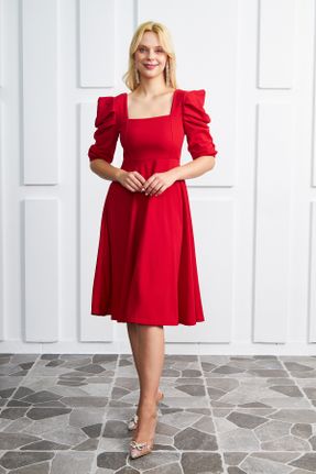 لباس مجلسی قرمز زنانه رگولار آستین استاندارد یقه مربع کرپ بدون آستر کد 470154245