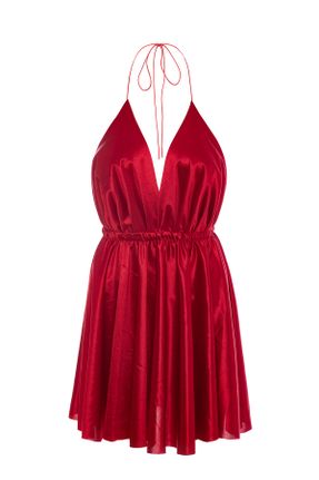 لباس مجلسی قرمز زنانه ساتن بدون آستین اسلیم بدون آستر کد 760908896