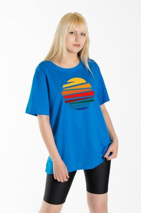 تی شرت آبی زنانه اورسایز یقه گرد پنبه - پلی استر تکی کد 319971436
