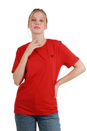 تی شرت قرمز زنانه رگولار یقه گرد پنبه (نخی) تکی بیسیک کد 123644649