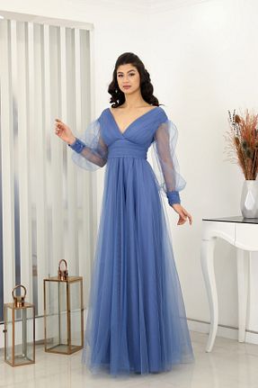 لباس مجلسی و فارغ التحصیلی سرمه ای زنانه توری PİENNAR - کد 760874626
