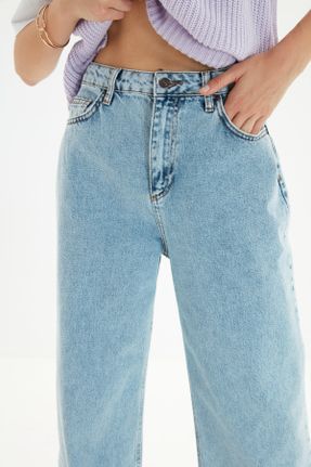 شلوار جین فیروزه ای زنانه پاچه راحت سوپر فاق بلند جین ساده کد 759517481