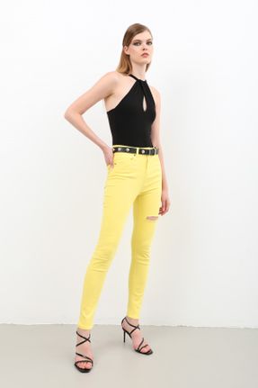 شلوار جین زرد زنانه پاچه تنگ فاق بلند لیکرا اسلیم استاندارد کد 759452805
