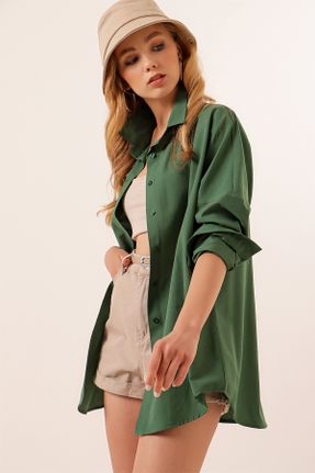 پیراهن سبز زنانه اورسایز یقه پیراهنی ویسکون کد 244981507