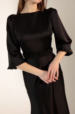 لباس مجلسی مشکی زنانه یقه گرد آستین استاندارد ساتن رگولار بدون آستر کد 431768676