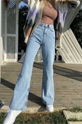 شلوار جین آبی زنانه پاچه گشاد فاق بلند جین ساده بلند کد 734383154