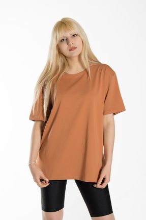 تی شرت نارنجی زنانه اورسایز یقه گرد پنبه (نخی) تکی کد 378025026