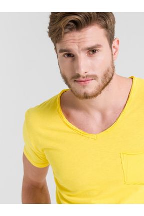 تی شرت زرد مردانه رگولار یقه گرد پنبه (نخی) تکی کد 5984359