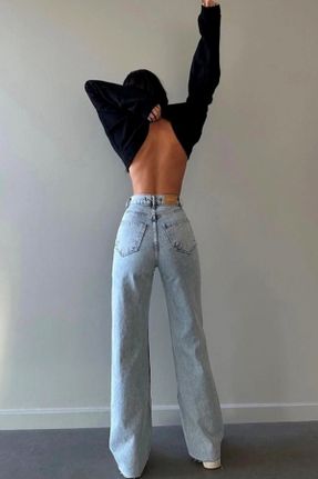شلوار جین آبی زنانه پاچه گشاد فاق بلند جین ساده بلند کد 348536187
