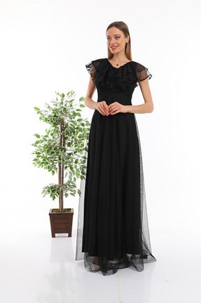 لباس مجلسی و فارغ التحصیلی مشکی زنانه توری CİXAPLE - کد 217017742