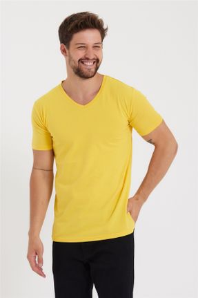 تی شرت زرد مردانه اسلیم فیت یقه گرد تکی بیسیک کد 329799588