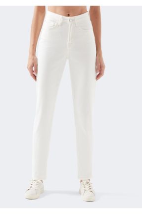 شلوار جین سفید زنانه پاچه تنگ فاق بلند پنبه - پلی استر - الاستن جوان بلند کد 761236766